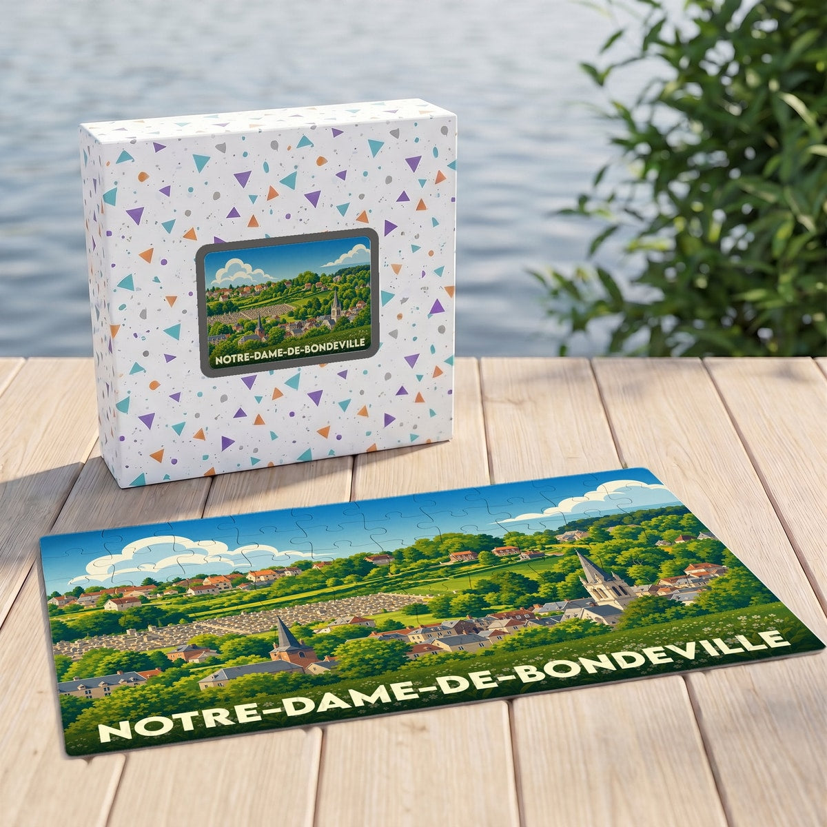 Puzzle souvenir de la ville de Notre-Dame-de-Bondeville avec une illustration paysagère stylisée.