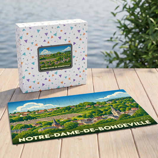 Puzzle souvenir de la ville de Notre-Dame-de-Bondeville avec une illustration paysagère stylisée.