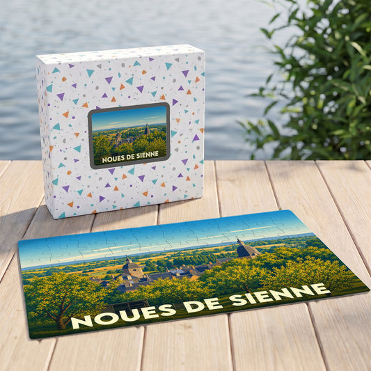 Puzzle souvenir de la ville de Noues de Sienne avec une illustration paysagère stylisée.