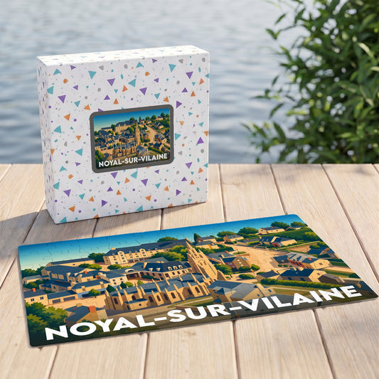 Puzzle souvenir de la ville de Noyal-sur-Vilaine avec une illustration stylisée et colorée.