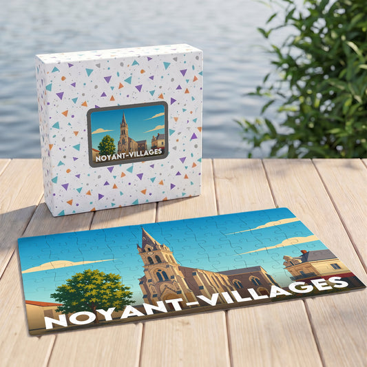 Puzzle souvenir de la ville de Noyant-Villages avec une illustration stylisée d'une église et de son village.