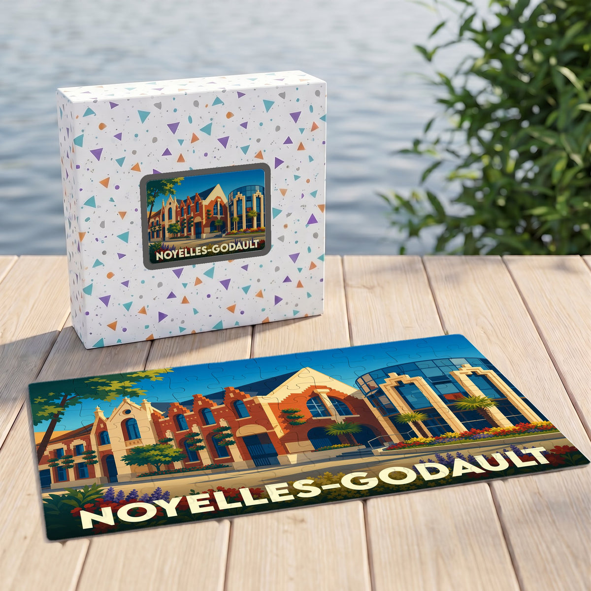 Puzzle souvenir de la ville de Noyelles-Godault avec une illustration stylisée d'architecture locale.