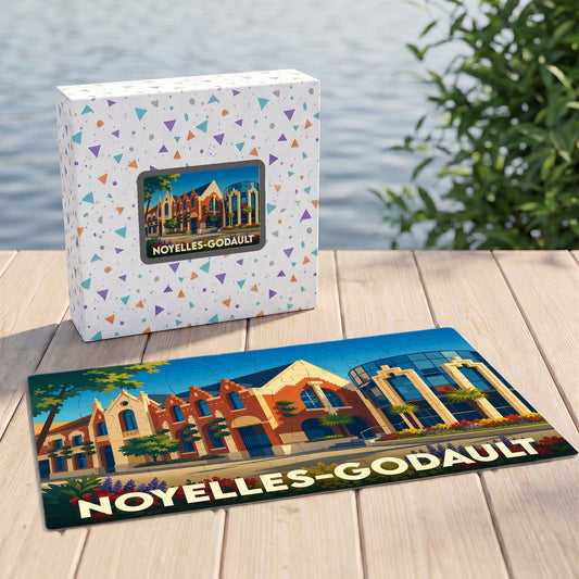 Puzzle souvenir de la ville de Noyelles-Godault avec une illustration stylisée d'architecture locale.