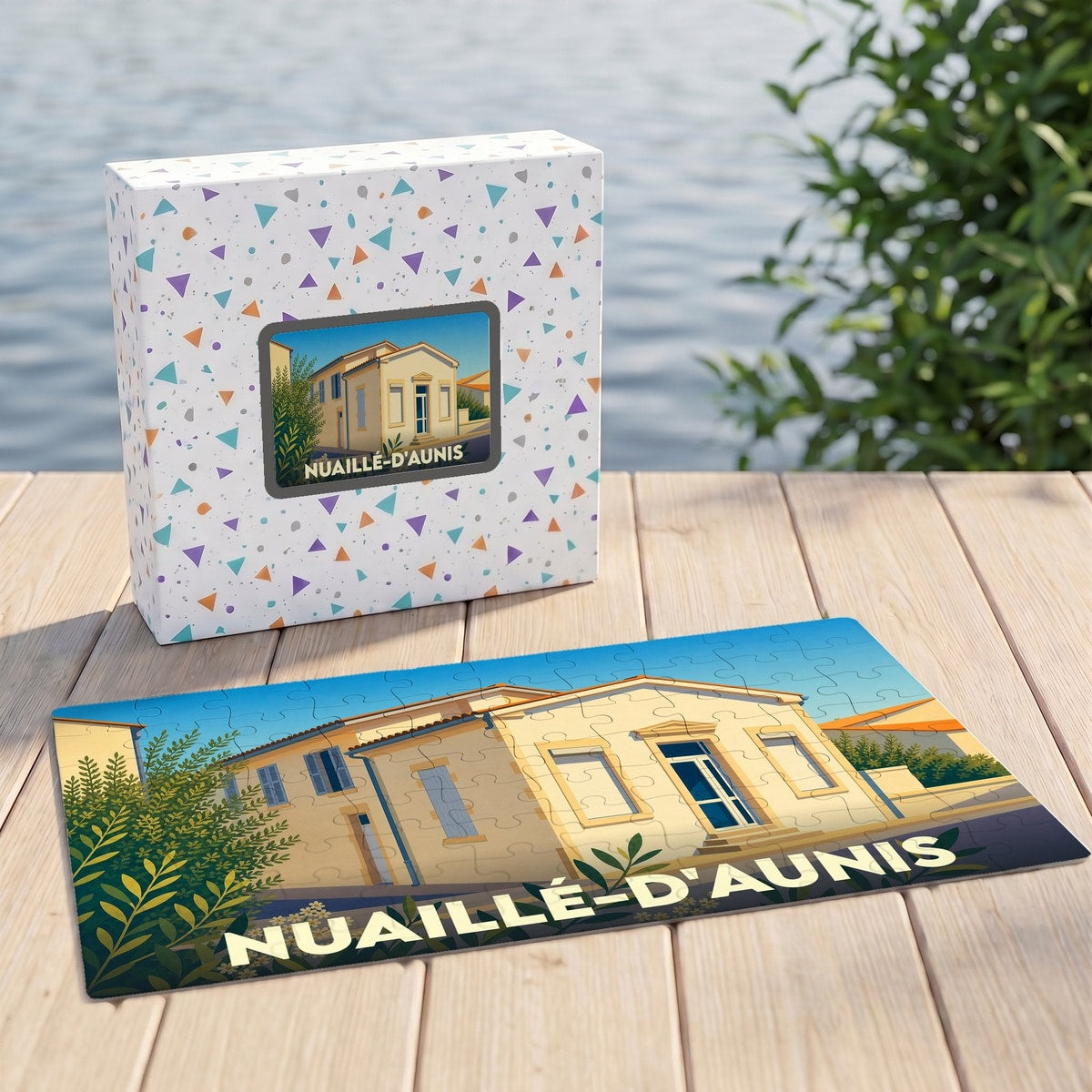 Puzzle souvenir de la ville de Nuaillé-d'Aunis avec une illustration stylisée d'un bâtiment local.