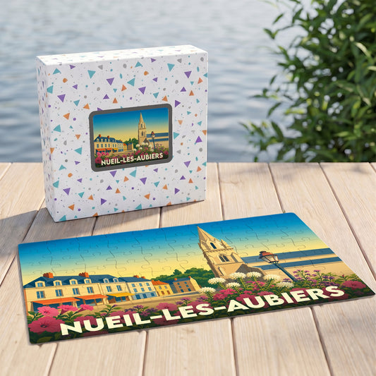 Puzzle souvenir de la ville de Nueil-les-Aubiers avec une illustration colorée et stylisée de son paysage urbain.