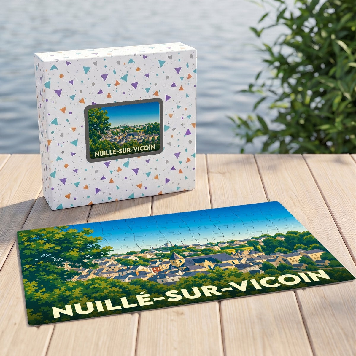 Puzzle souvenir de la ville de Nuillé-sur-Vicoin avec une illustration panoramique stylisée.