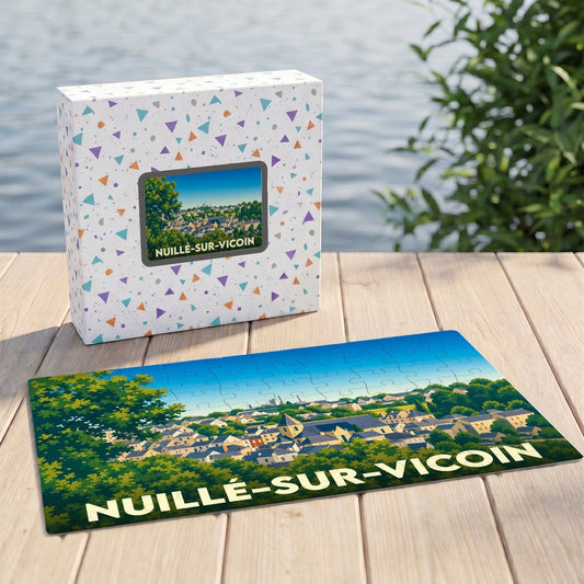Puzzle souvenir de la ville de Nuillé-sur-Vicoin avec une illustration panoramique stylisée.