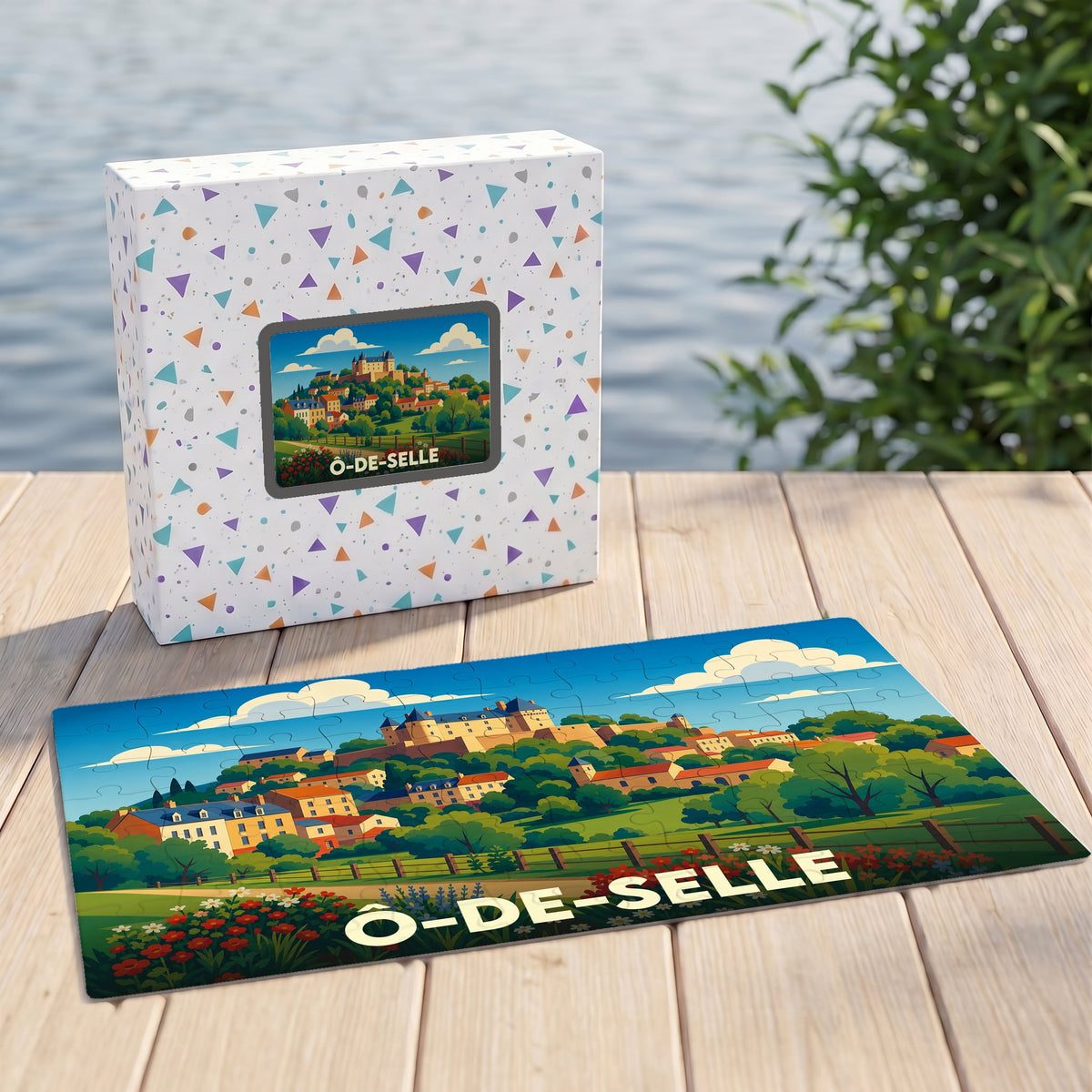 Puzzle souvenir de la ville de Ô-de-Selle avec une illustration stylisée de son paysage urbain.