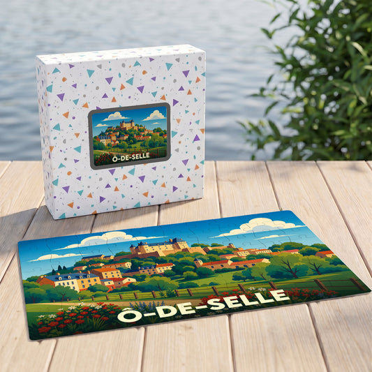 Puzzle souvenir de la ville de Ô-de-Selle avec une illustration stylisée de son paysage urbain.