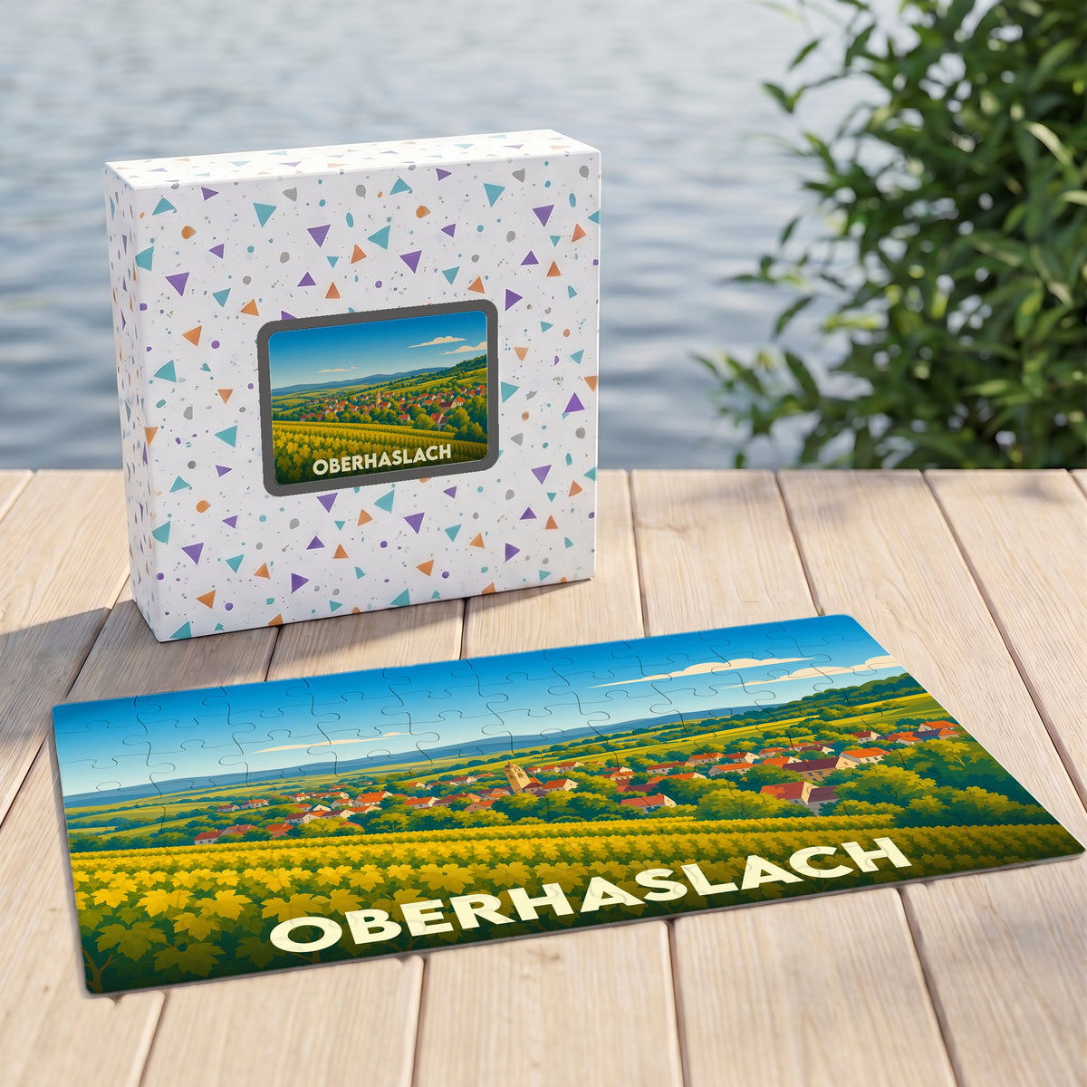 Puzzle souvenir de la ville de Oberhaslach représentant un paysage de vignobles et de maisons colorées.