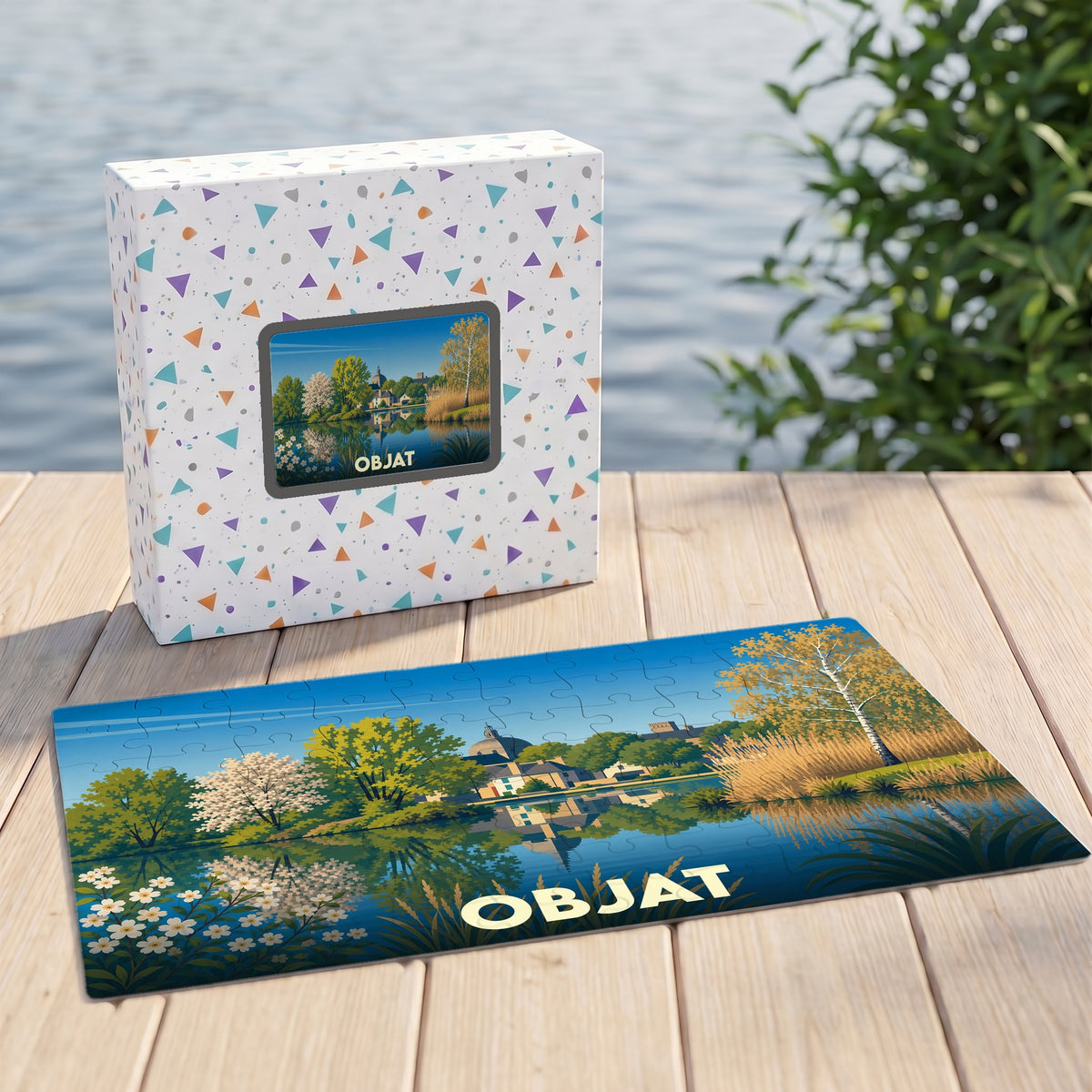 Puzzle souvenir de la ville de Objat avec une illustration paysagère stylisée.