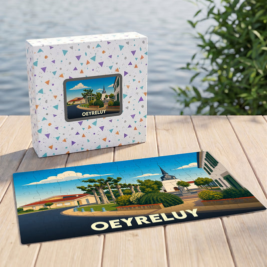 Puzzle souvenir de la ville d'Oeyreluy avec une illustration colorée et stylisée de son paysage urbain.
