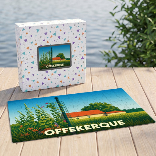 Puzzle souvenir de la ville de Offekerque avec une illustration paysagère stylisée.