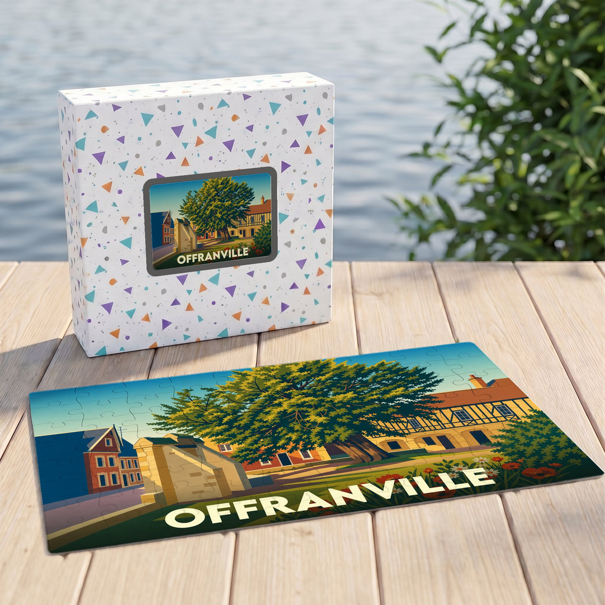 Puzzle souvenir de la ville d'Offranville avec une illustration stylisée et colorée.
