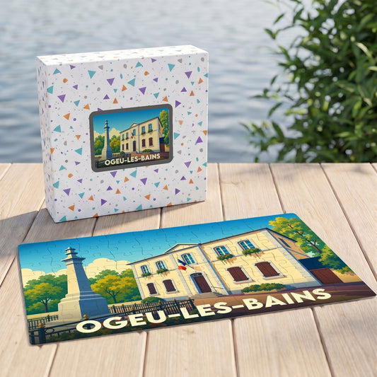 Puzzle souvenir de la ville d'Ogeu-les-Bains avec une illustration stylisée de son architecture locale.