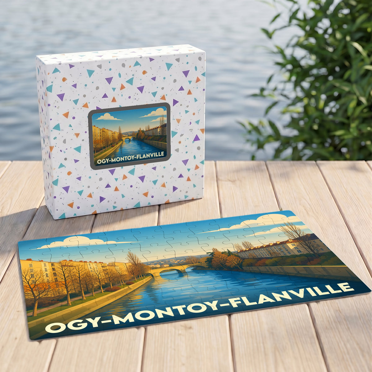 Puzzle souvenir de la ville de Ogy-Montoy-Flanville avec une illustration stylisée de ses quais et d'un pont.