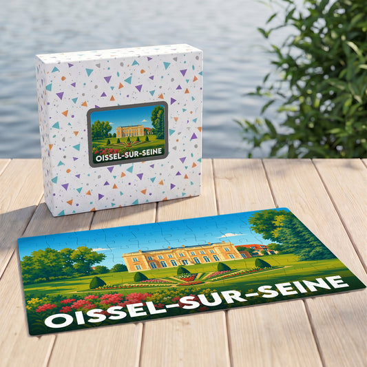 Puzzle souvenir de la ville de Oissel-sur-Seine avec une illustration stylisée d'un château et de ses jardins.