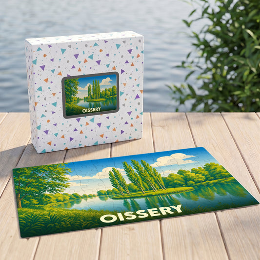 Puzzle souvenir de la ville d'Oissery illustré par un paysage lacustre paisible.