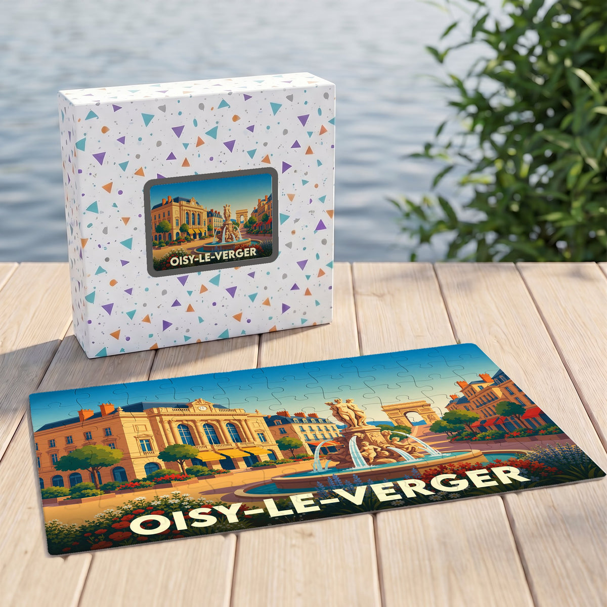 Puzzle souvenir de la ville de Oisy-le-Verger représentant une place illustrée avec sa fontaine.