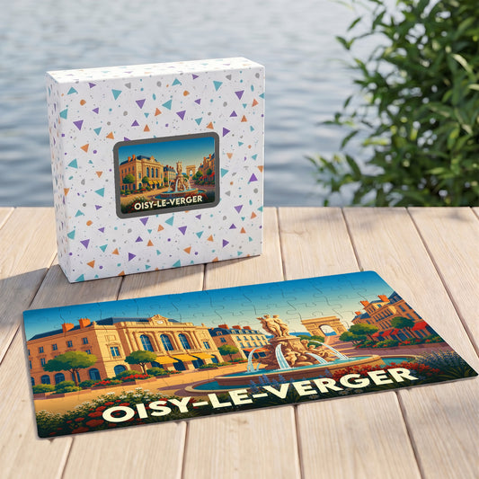 Puzzle souvenir de la ville de Oisy-le-Verger représentant une place illustrée avec sa fontaine.