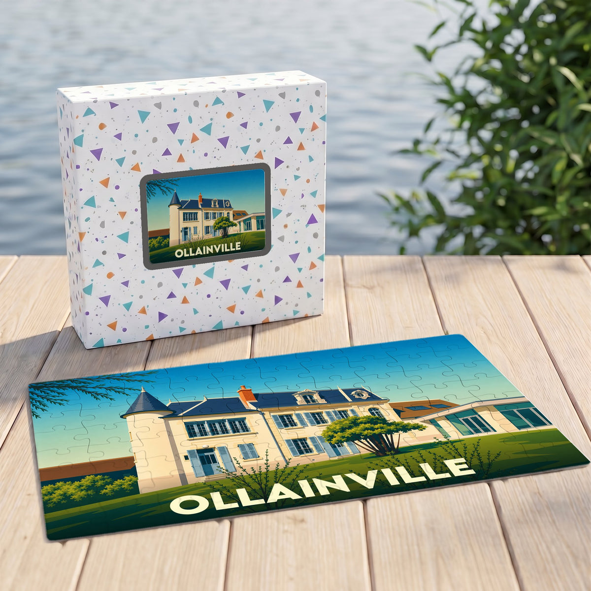 Puzzle souvenir de la ville d'Ollainville avec une illustration stylisée de son patrimoine.