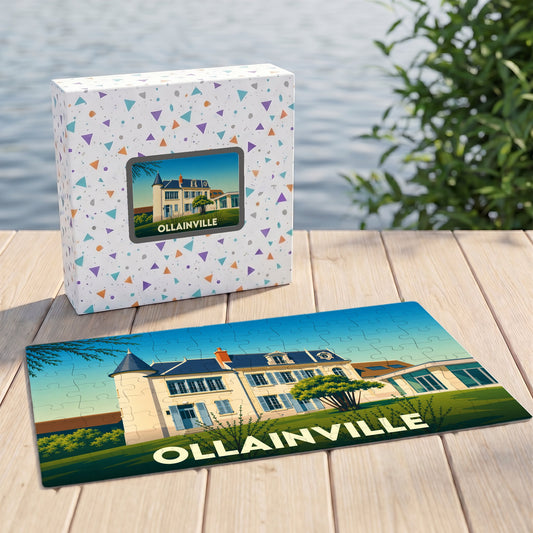Puzzle souvenir de la ville d'Ollainville avec une illustration stylisée de son patrimoine.
