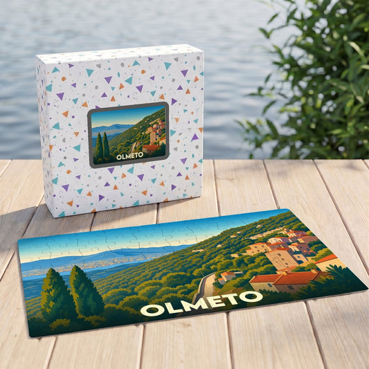 Puzzle souvenir de la ville de Olmeto avec une illustration paysagère stylisée.
