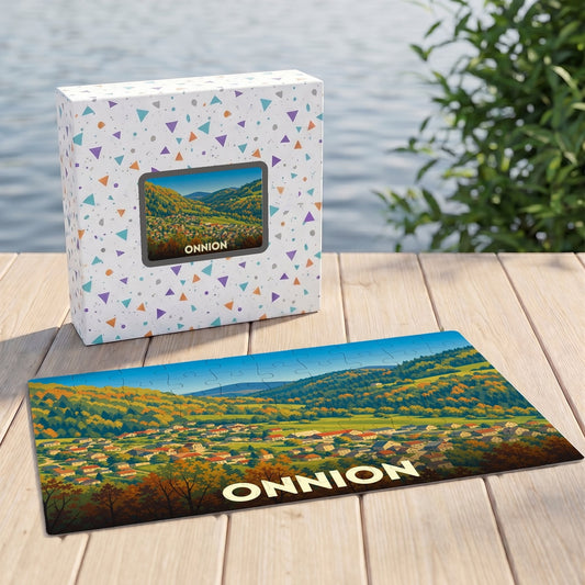 Puzzle souvenir de la ville d'Onnion illustrant un paysage de montagne automnal.