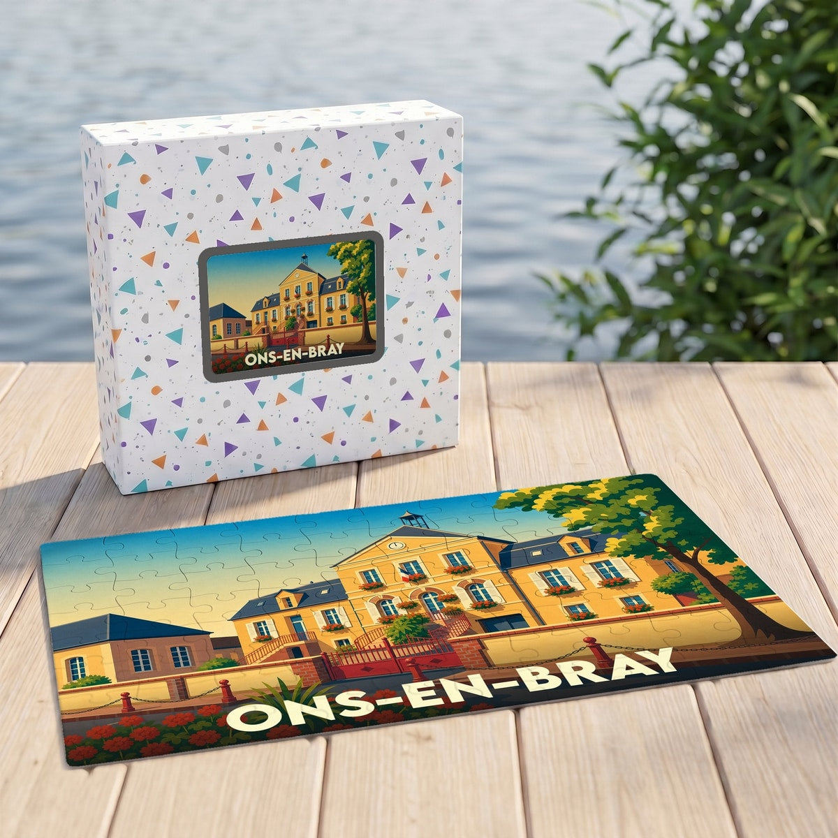 Puzzle souvenir de la ville d'Ons-en-Bray avec une illustration stylisée de sa mairie.