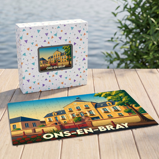 Puzzle souvenir de la ville d'Ons-en-Bray avec une illustration stylisée de sa mairie.
