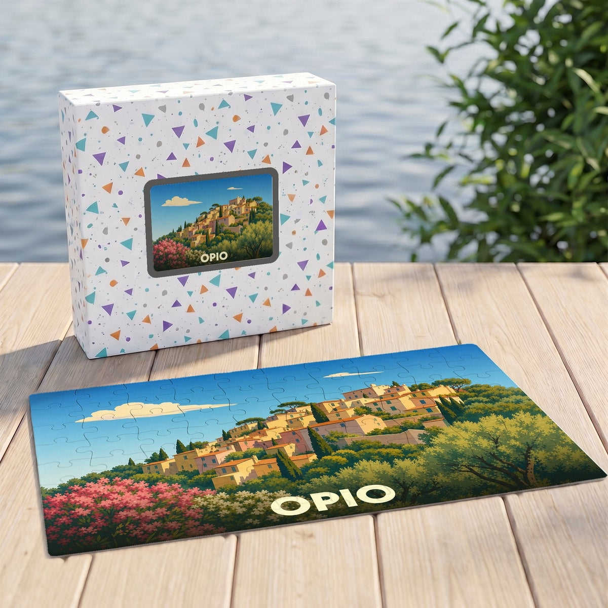 Puzzle souvenir de la ville d'Opio avec une illustration colorée et stylisée d'un village perché.