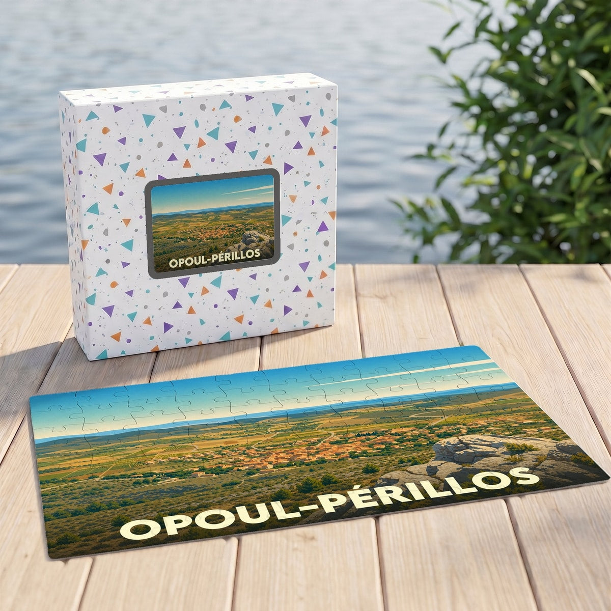 Puzzle souvenir de la ville d'Opoul-Périllos avec son coffret assorti illustrant un paysage panoramique.
