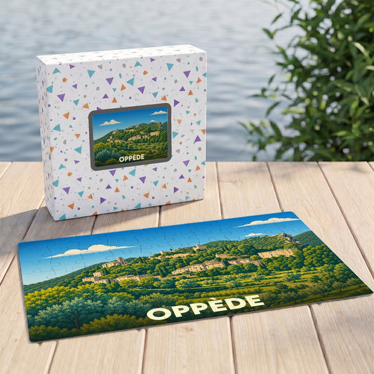 Puzzle souvenir de la ville d'Oppède avec une illustration stylisée de son village perché dans la verdure.