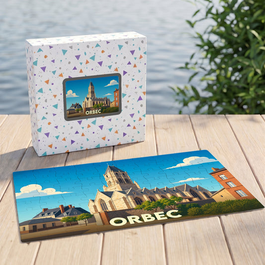Puzzle souvenir de la ville d'Orbec présentant une illustration stylisée de son église sur un quai en bois.
