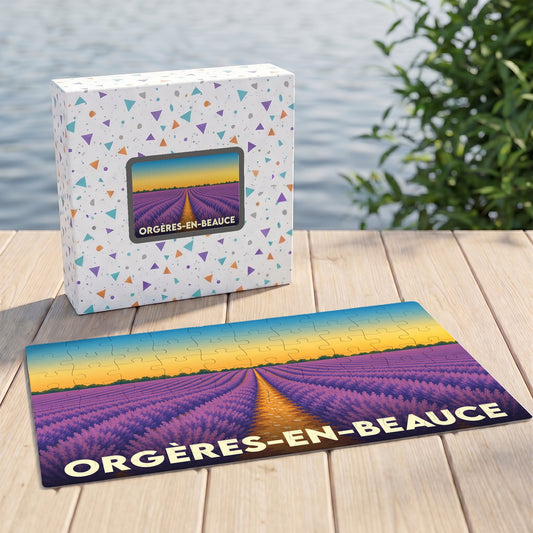 Puzzle souvenir de la ville d'Orgères-en-Beauce représentant un champ de fleurs stylisé sous un coucher de soleil.