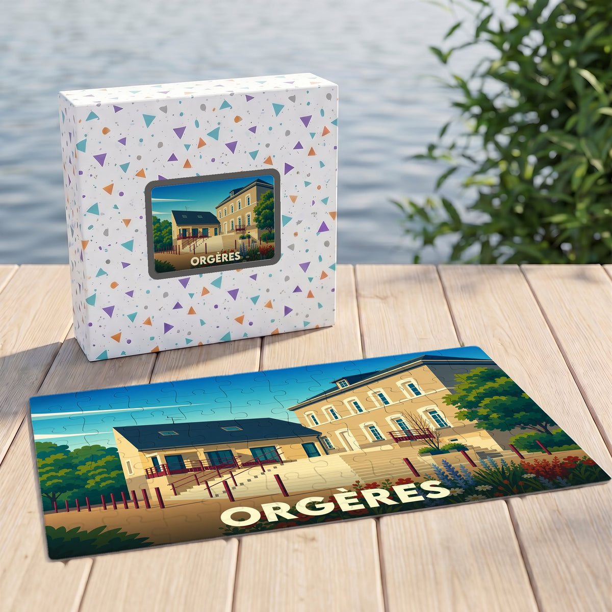 Puzzle souvenir de la ville de Orgères avec une illustration stylisée de bâtiments locaux.