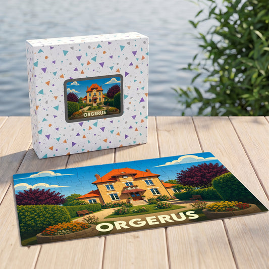 Puzzle souvenir de la ville d'Orgerus avec une illustration colorée d'une demeure bourgeoise et de son jardin.