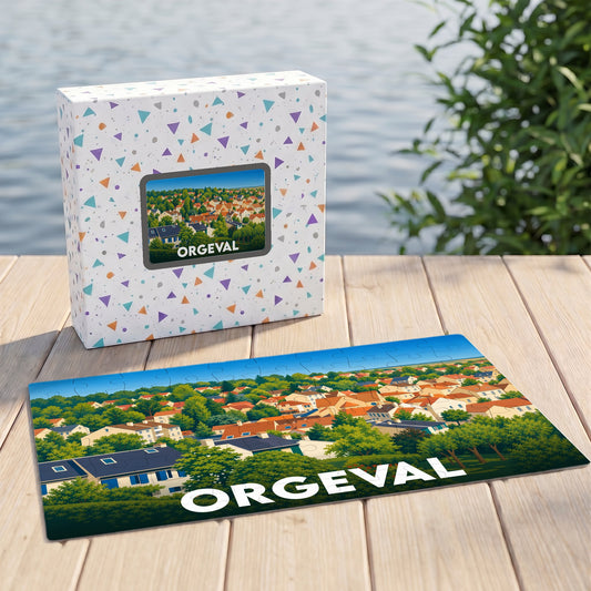 Puzzle souvenir de la ville de Orgeval avec une illustration stylisée de son paysage urbain.