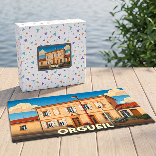 Puzzle souvenir de la ville d'Orgueil avec une illustration stylisée d'un bâtiment typique.