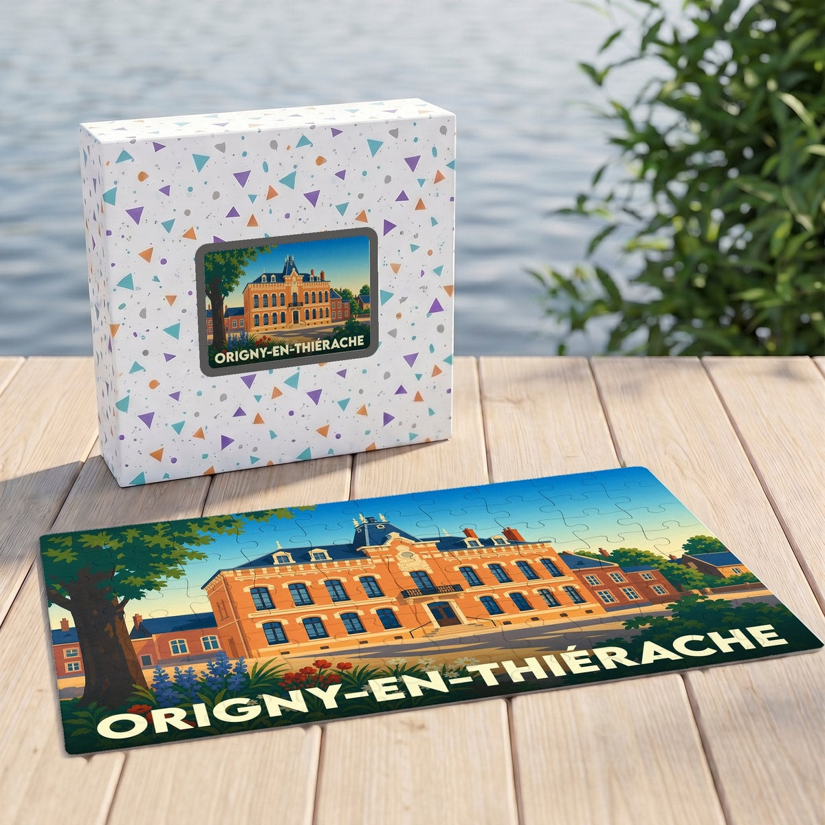 Puzzle souvenir de la ville de Origny-en-Thiérache avec une illustration stylisée de son hôtel de ville.