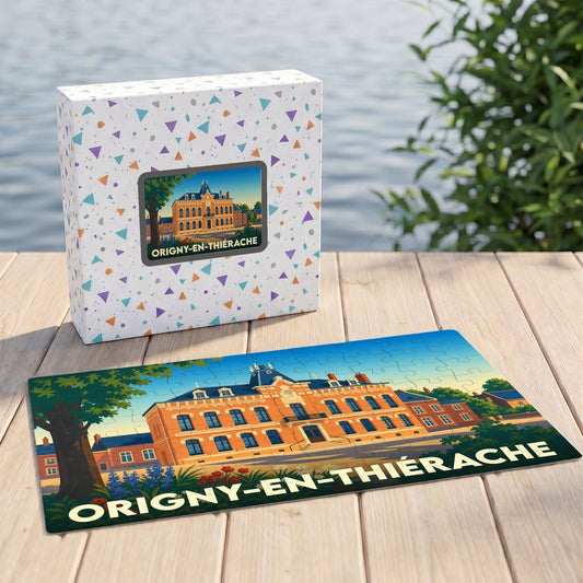Puzzle souvenir de la ville de Origny-en-Thiérache avec une illustration stylisée de son hôtel de ville.