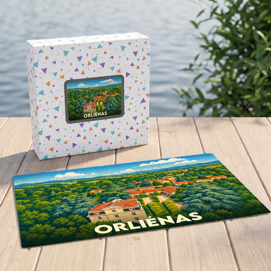 Puzzle souvenir de la ville d'Orliénas avec une illustration stylisée d'un paysage verdoyant.