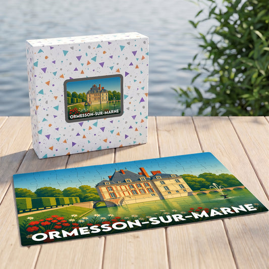 Puzzle souvenir de la ville d'Ormesson-sur-Marne avec une illustration stylisée de son château et son parc.
