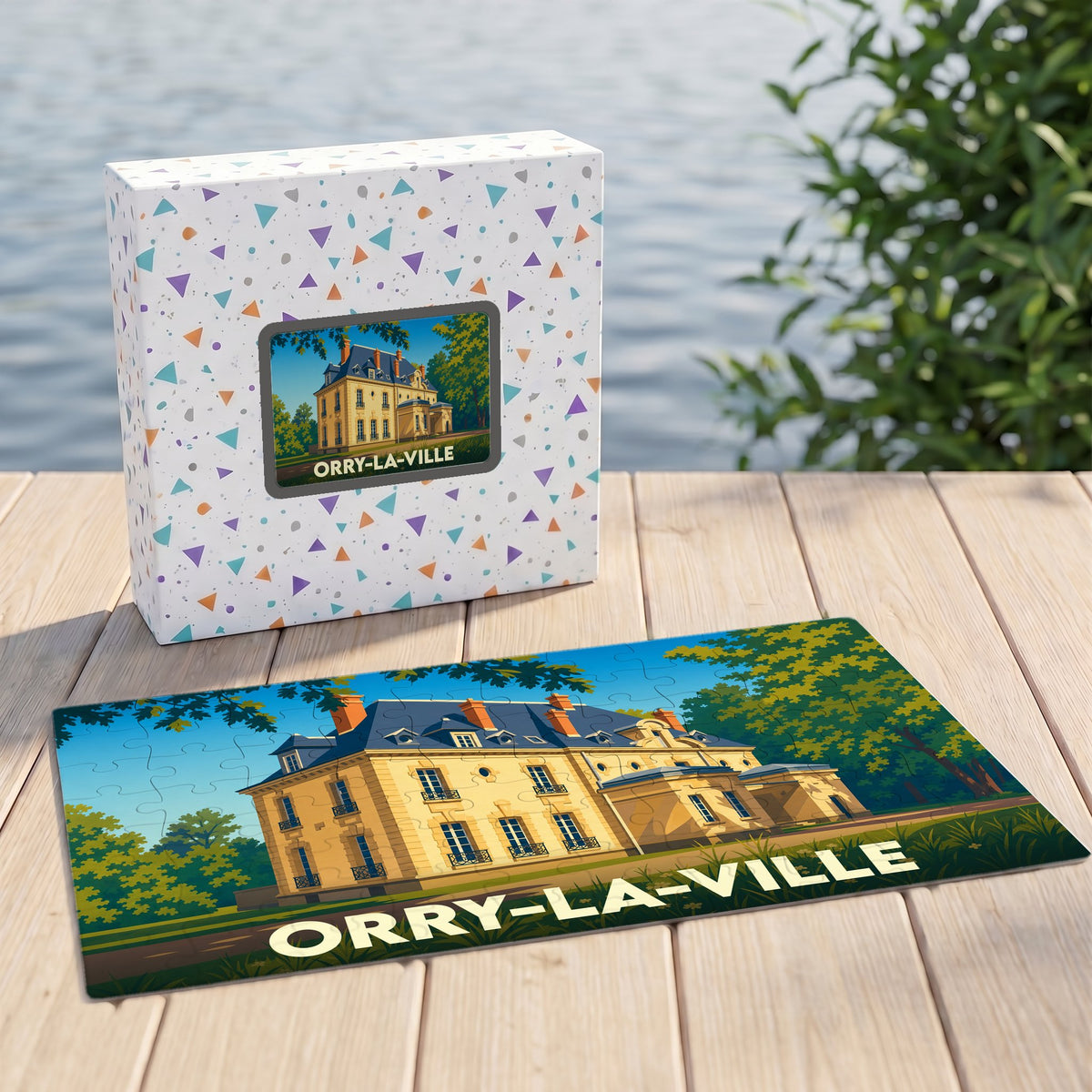 Puzzle souvenir de la ville de Orry-la-Ville illustrant un château de style classique.