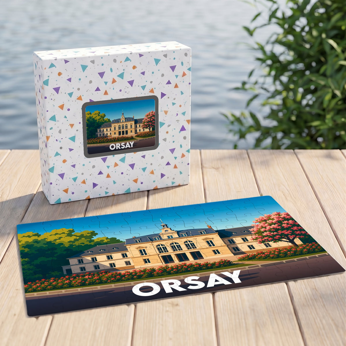 Puzzle souvenir de la ville d'Orsay avec une illustration stylisée d'un bâtiment historique et son coffret assorti.