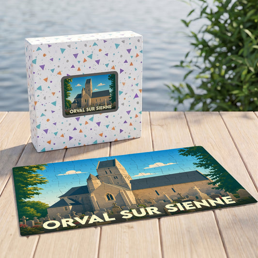 Puzzle souvenir de la ville de Orval sur Sienne avec une illustration stylisée d'une église.