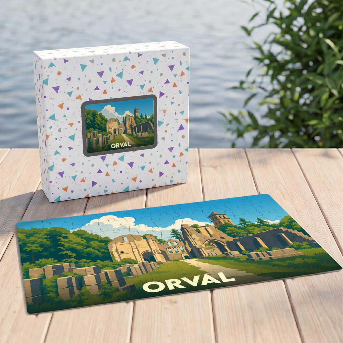 Puzzle souvenir de l'abbaye d'Orval avec une illustration stylisée des ruines historiques.