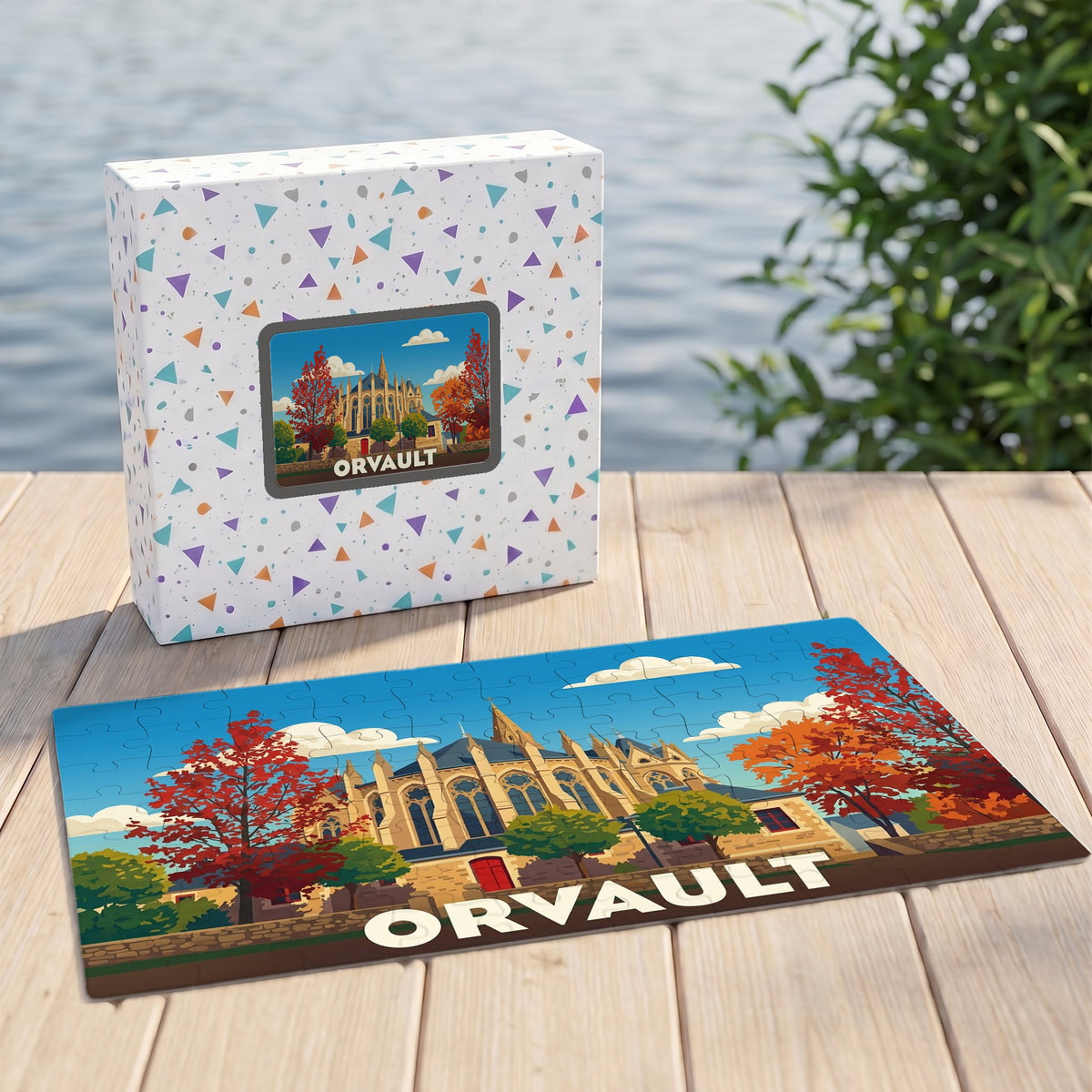 Puzzle souvenir de la ville d'Orvault avec une illustration stylisée d'un bâtiment historique en automne.