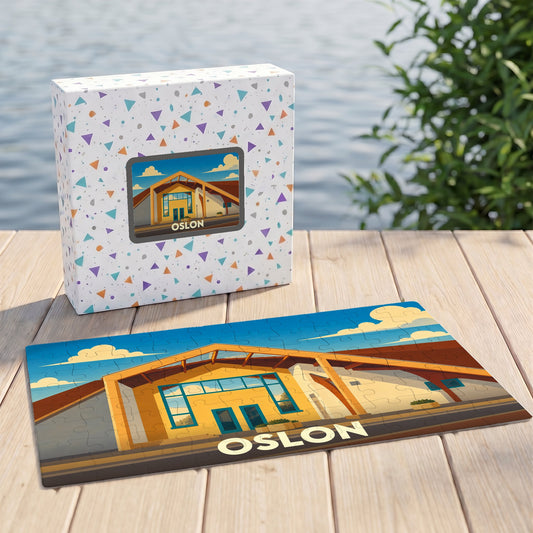 Puzzle souvenir de la ville de Oslon présentant une illustration stylisée de son architecture sur une table en bois.