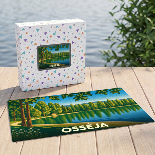 Puzzle souvenir de la ville d'Osséja avec une illustration stylisée d'un lac bordé d'arbres.